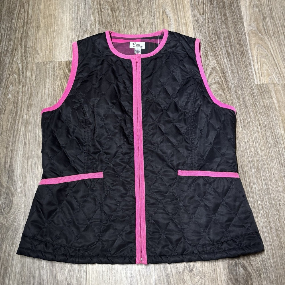 LILLY PULITZER Quilted VEST Embriodered PALM TREES Black Pink Size M